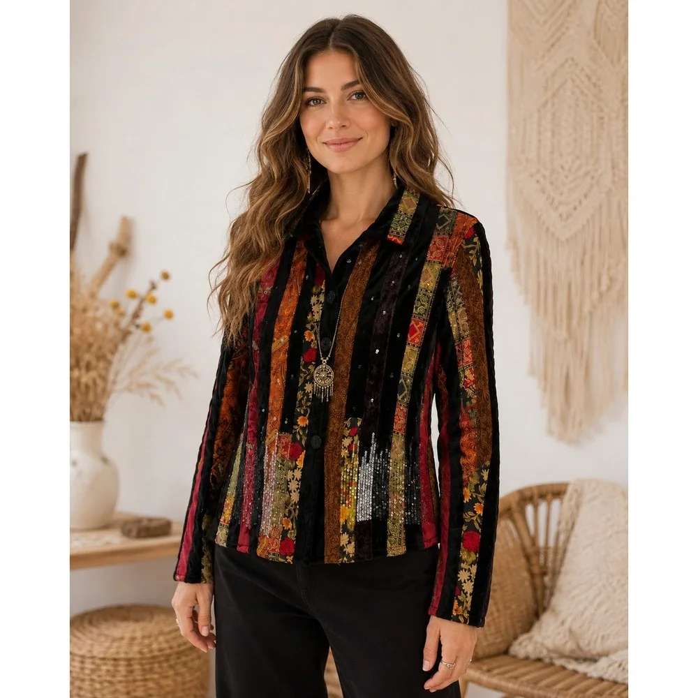 Coldwater Creek Patchwork Sequin Faux Fur Velvet Boho Jacket Womens PS Black Red
